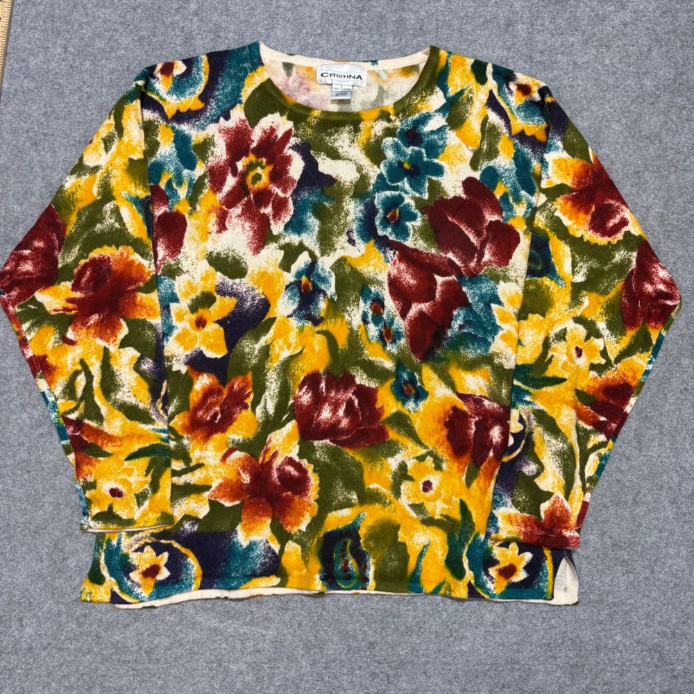 Cristina Vintage Floral Knit Sweater Large Multi Color Crew Neck Pullover 0038